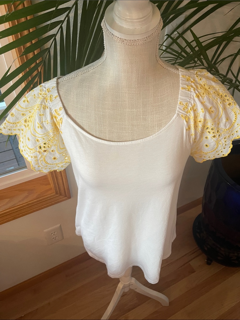 LOFT White Scoop Neck Top with Yellow Eyelet Flutter Sleeves